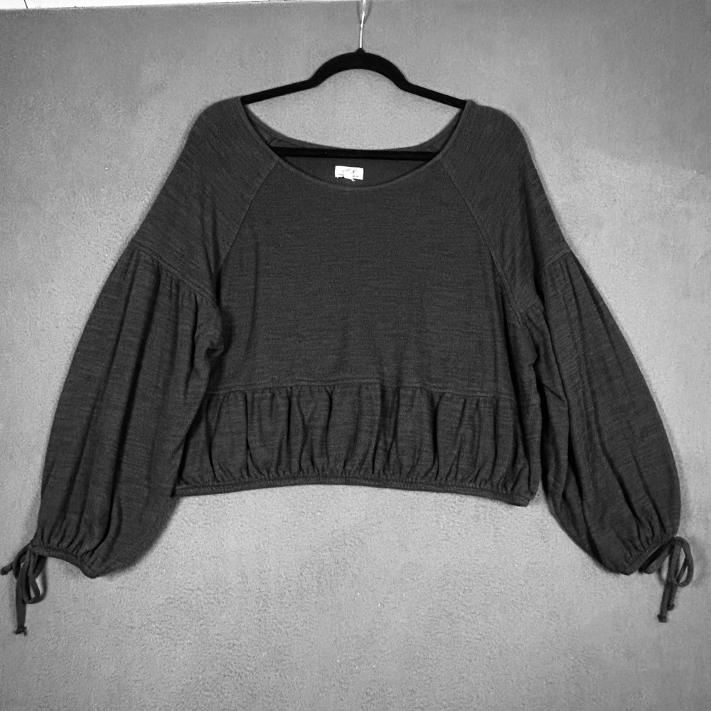 Aerie Top Womens M Black Balloon Sleeve Cropped Ruffle Hem Boho Pullover